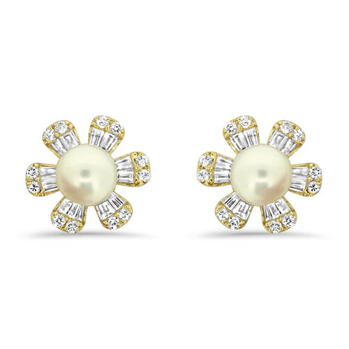 Diamond Flower and Pearl Earrings